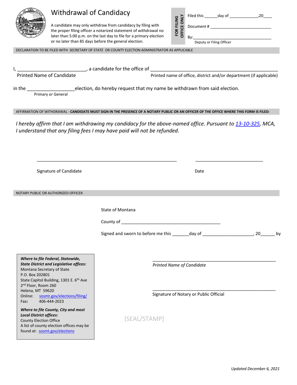 Montana Withdrawal of Candidacy Download Printable PDF Templateroller