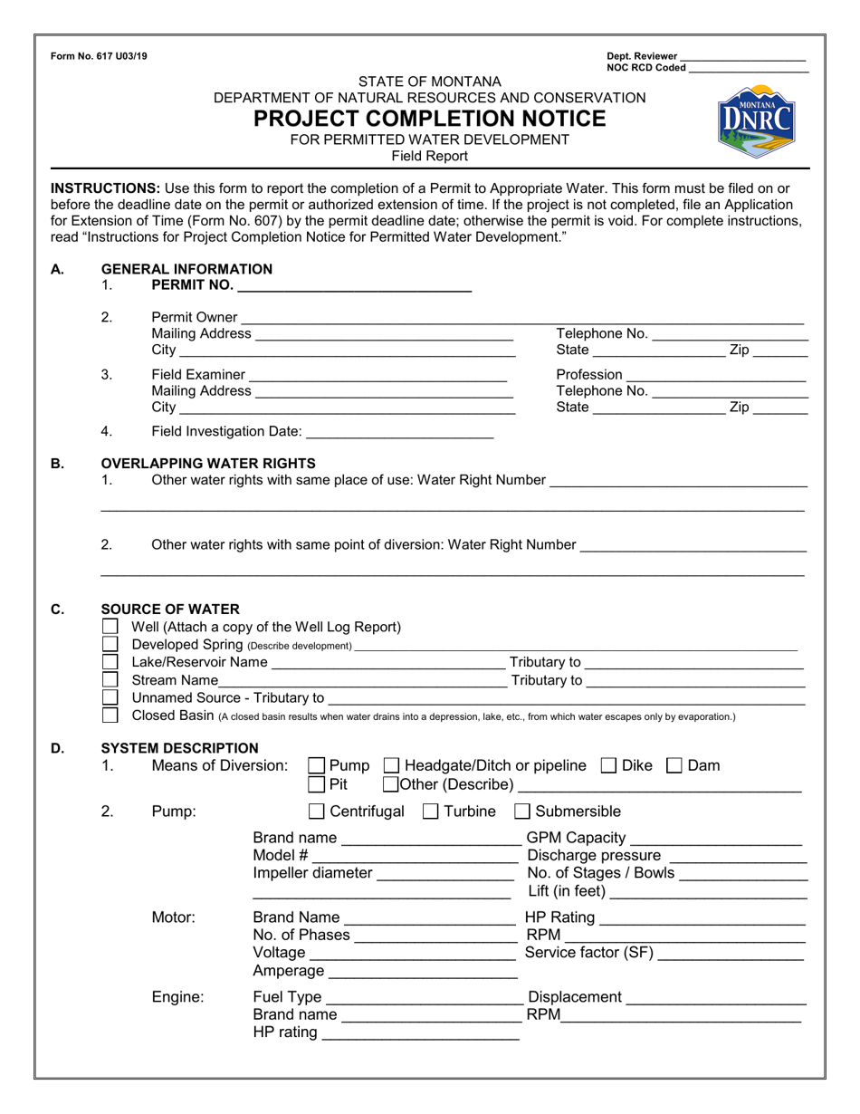 Form 617 Project Completion Notice for Permitted Water Development - Montana, Page 1