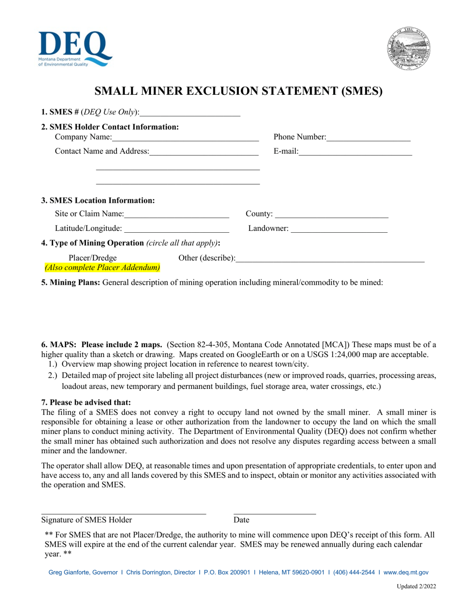 Small Miner Exclusion Statement (Smes) - Montana, Page 7