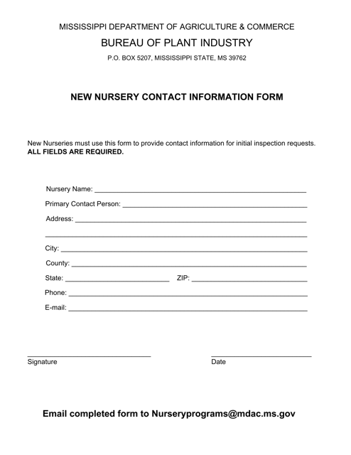 New Nursery Contact Information Form - Mississippi