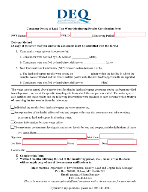 Consumer Notice of Lead Tap Water Monitoring Results Certification Form - Montana Download Pdf