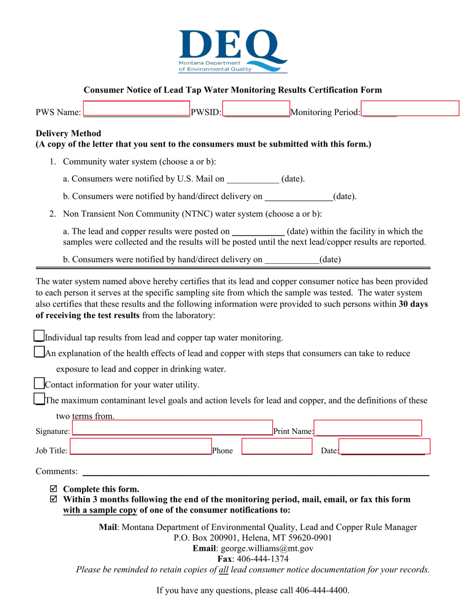 Consumer Notice of Lead Tap Water Monitoring Results Certification Form - Montana, Page 1