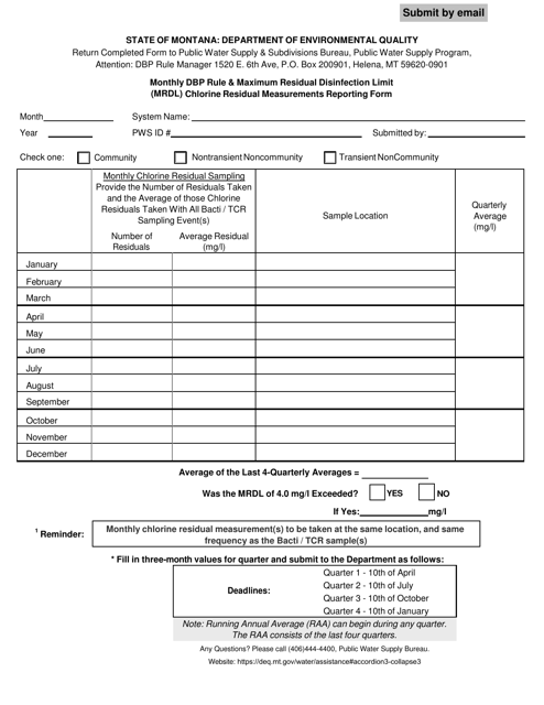 Monthly Dbp Rule & Maximum Residual Disinfection Limit (Mrdl) Chlorine Residual Measurements Reporting Form - Montana Download Pdf