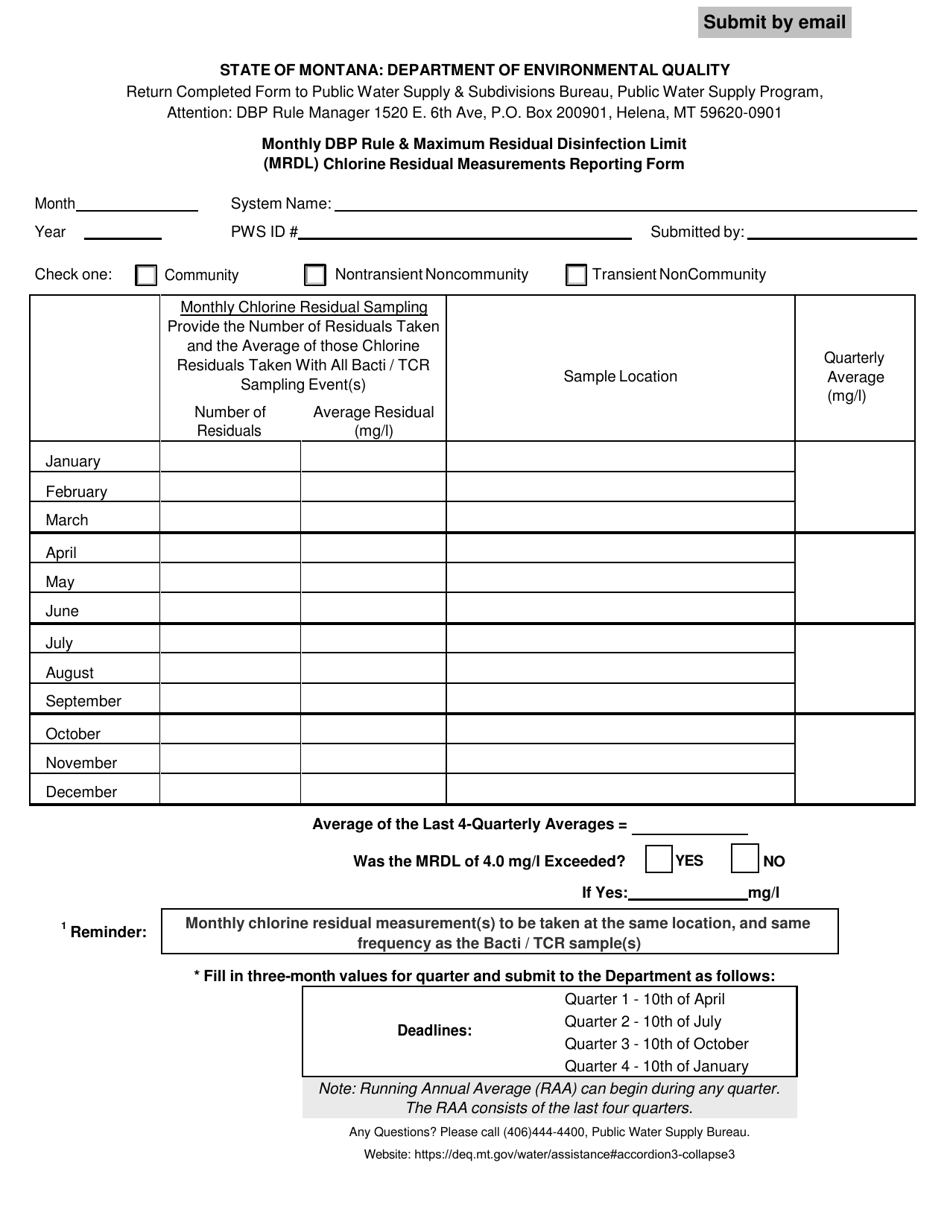 Monthly Dbp Rule  Maximum Residual Disinfection Limit (Mrdl) Chlorine Residual Measurements Reporting Form - Montana, Page 1