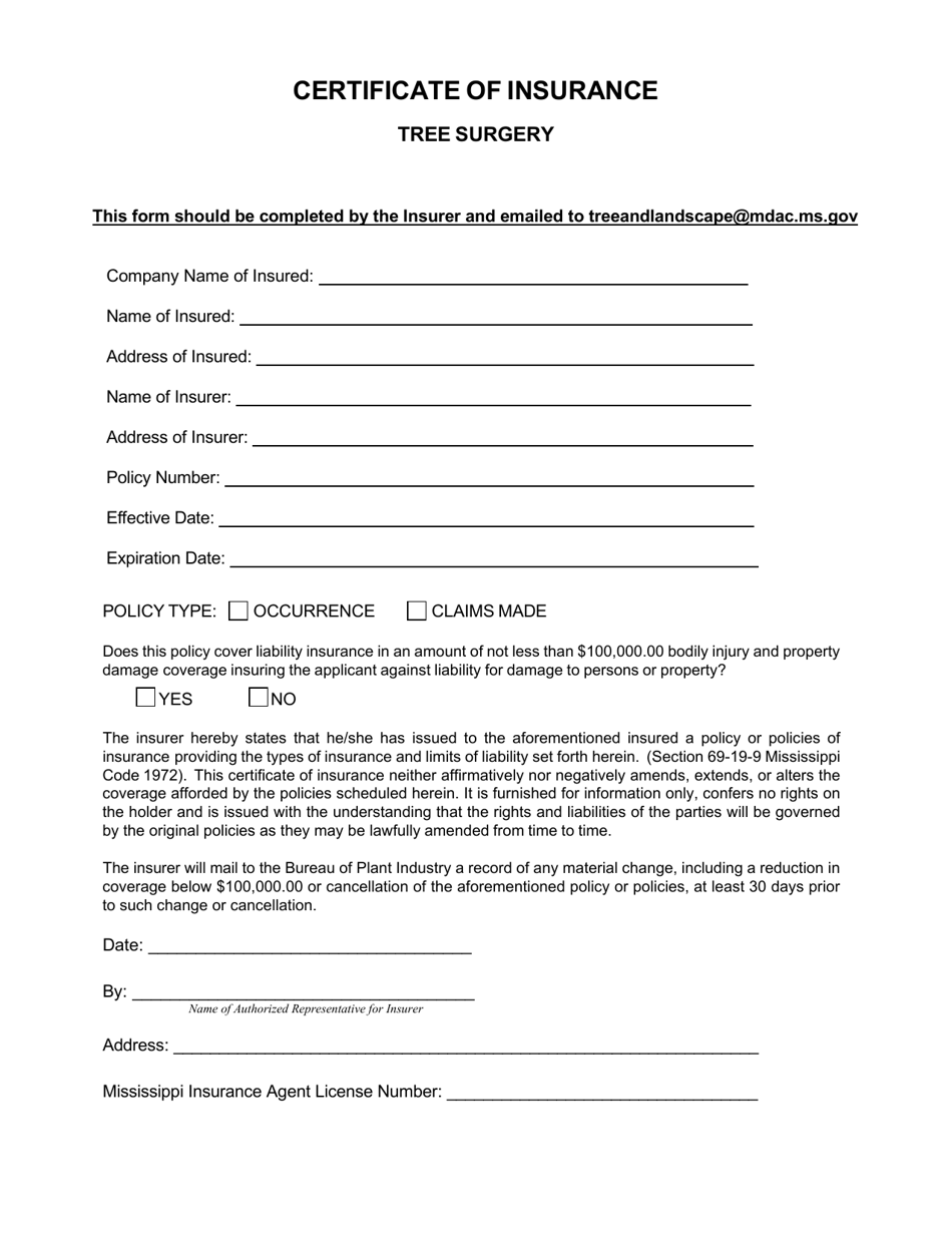 Mississippi Certificate Of Insurance - Tree Surgery - Fill Out, Sign 