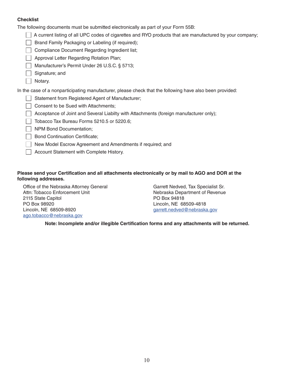 Form 55B Tobacco Product Manufacturers Certification - Nebraska, Page 10