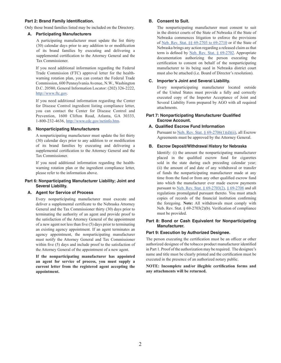 Form 55B Tobacco Product Manufacturers Certification - Nebraska, Page 2