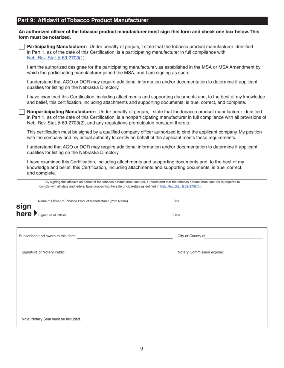 Form 55B Tobacco Product Manufacturers Certification - Nebraska, Page 9