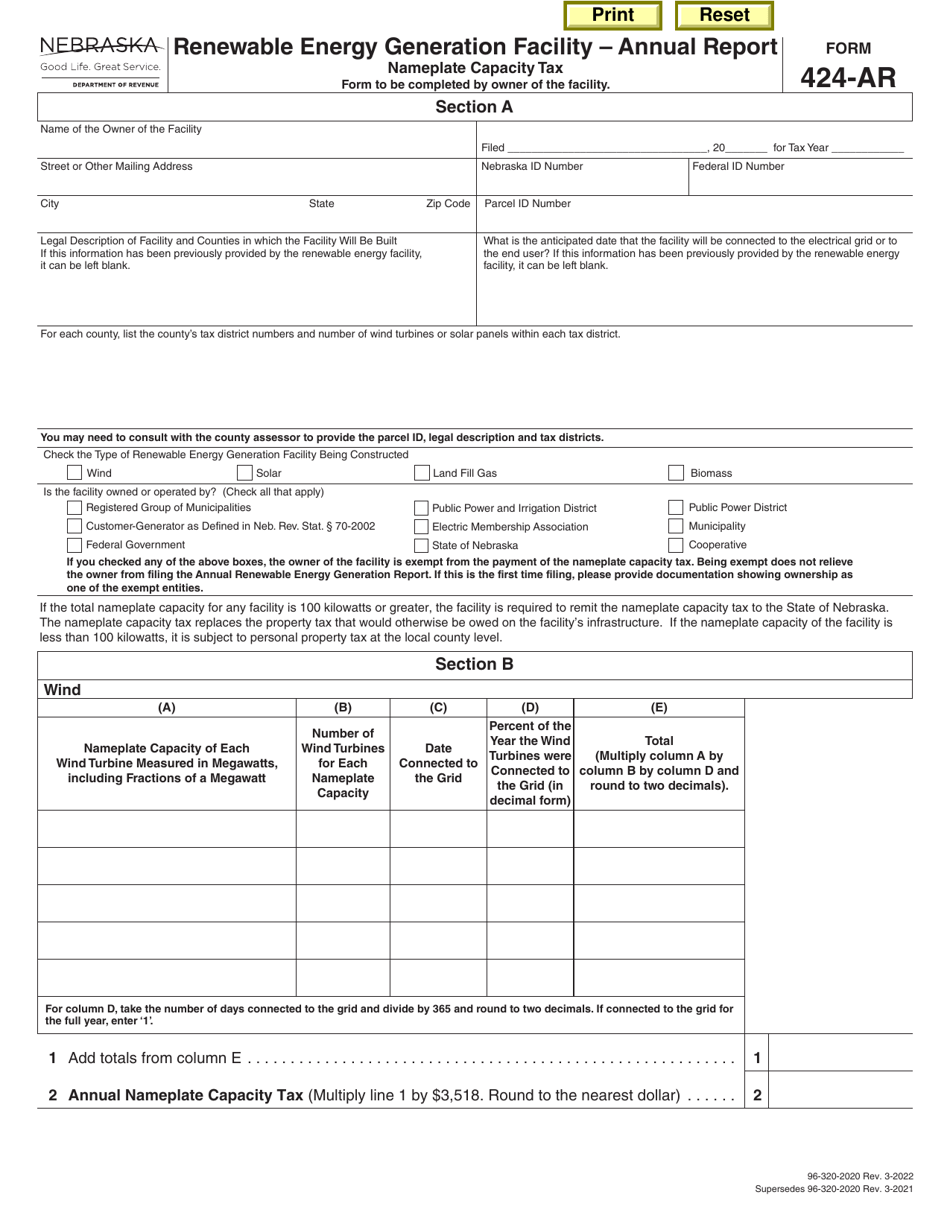 Form 424-AR Renewable Energy Generation Facility - Annual Report - Nameplate Capacity Tax - Nebraska, Page 1