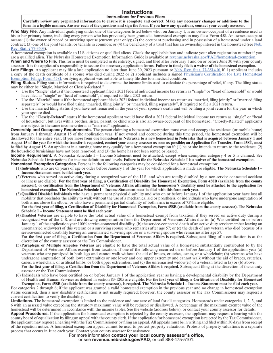 Form 458 Nebraska Homestead Exemption Application - Nebraska, Page 2