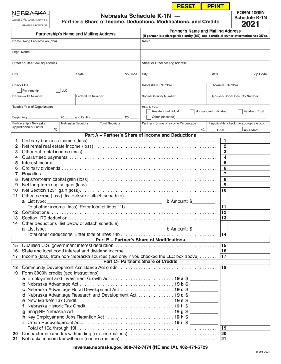 Form 1065N Schedule K-1N Partners Share of Income, Deductions, Modifications, and Credits - Nebraska, Page 1