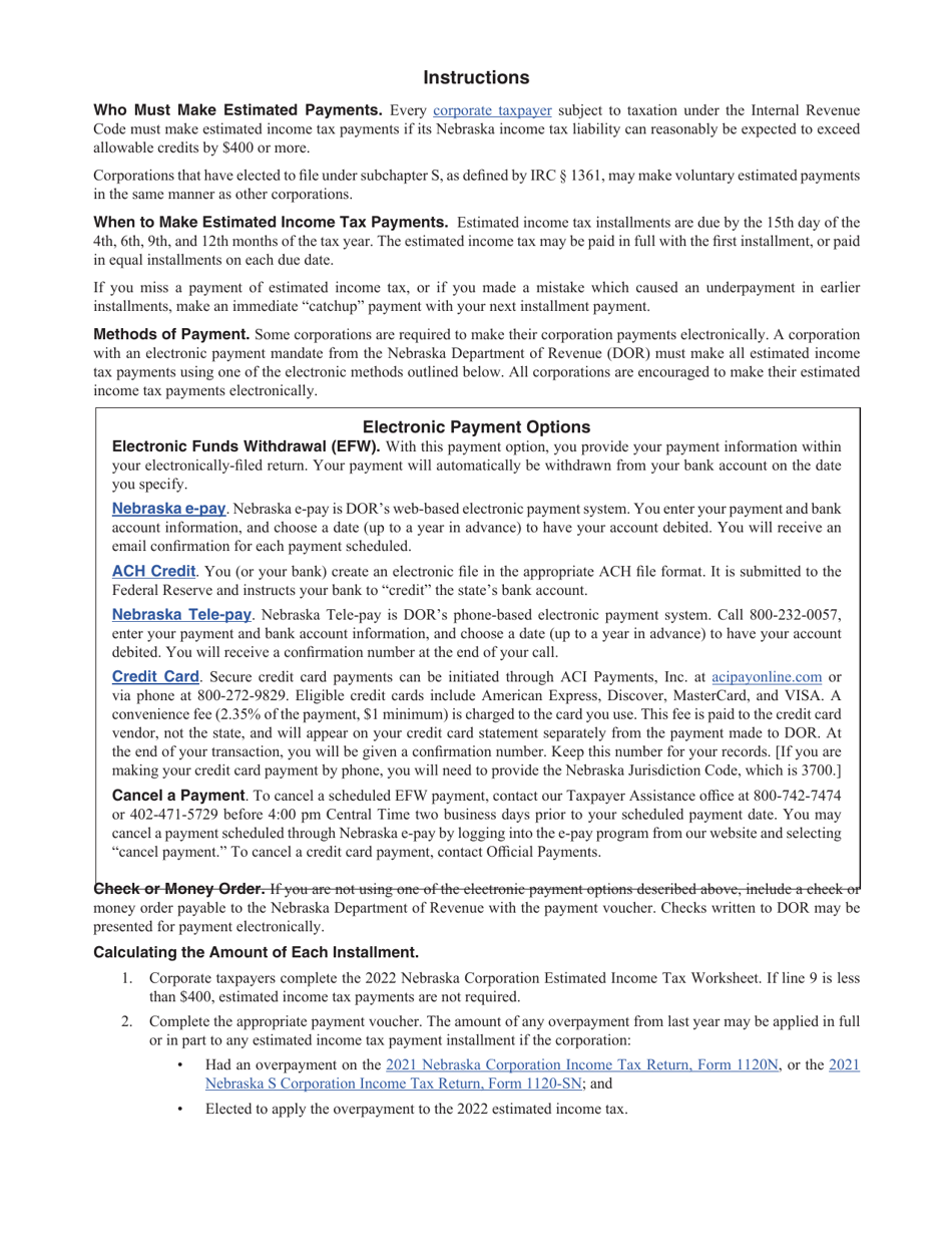 Form 1120N-ES Nebraska Corporation Estimated Income Tax Worksheet - Nebraska, Page 2