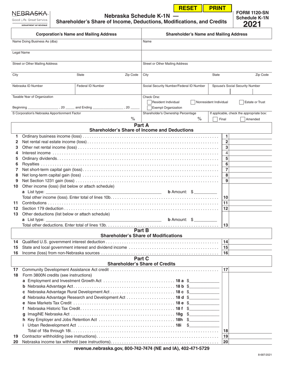 Form 1120-SN Schedule K-1N Shareholders Share of Income, Deductions, Modifications, and Credits - Nebraska, Page 1