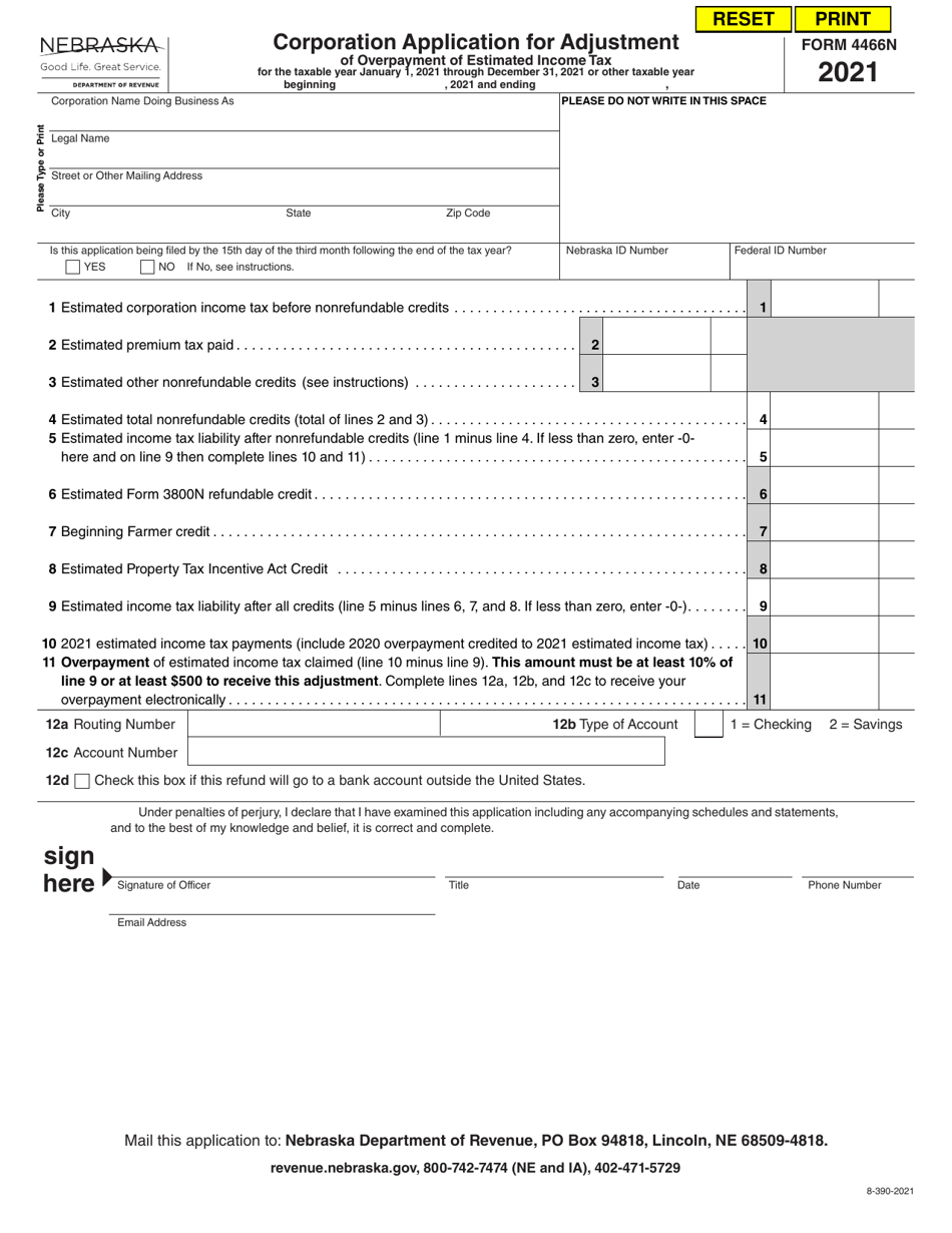 Form 4466N Corporation Application for Adjustment of Overpayment of Estimated Income Tax - Nebraska, Page 1