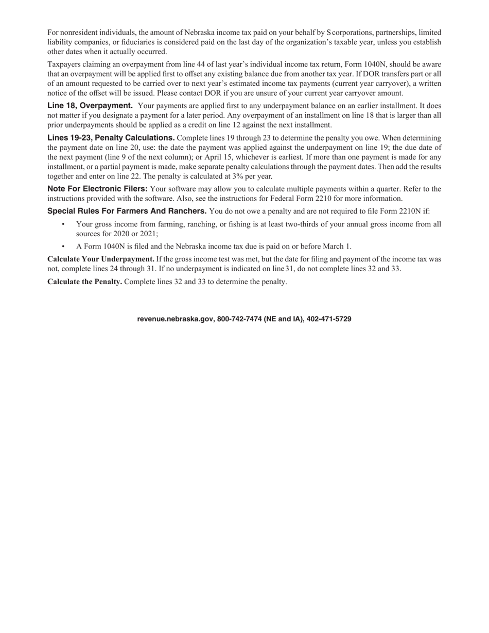 Form 2210N Individual Underpayment of Estimated Tax - Nebraska, Page 3