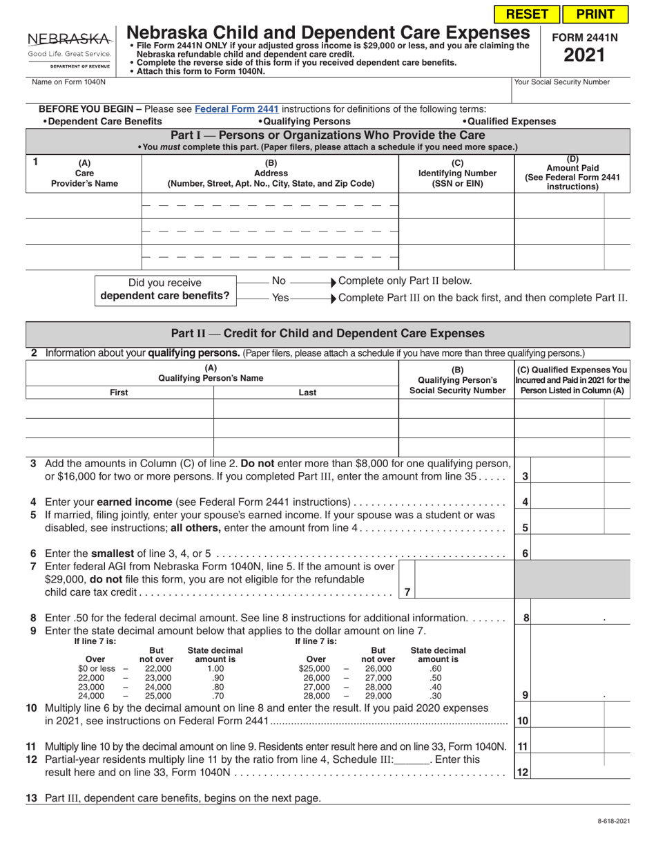 Form 2441N Nebraska Child and Dependent Care Expenses - Nebraska, Page 1