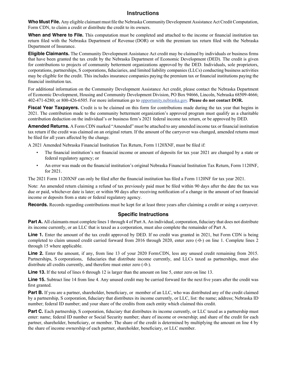 Form CDN Nebraska Community Development Assistance Act Credit Computation - Nebraska, Page 2