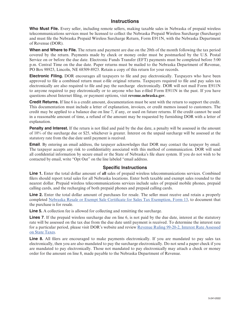 Form E911N Nebraska Prepaid Wireless Surcharge Return - Nebraska, Page 2