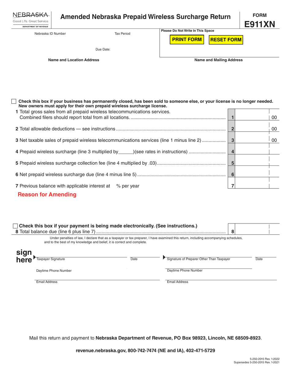 Form E911XN Amended Nebraska Prepaid Wireless Surcharge Return - Nebraska, Page 1