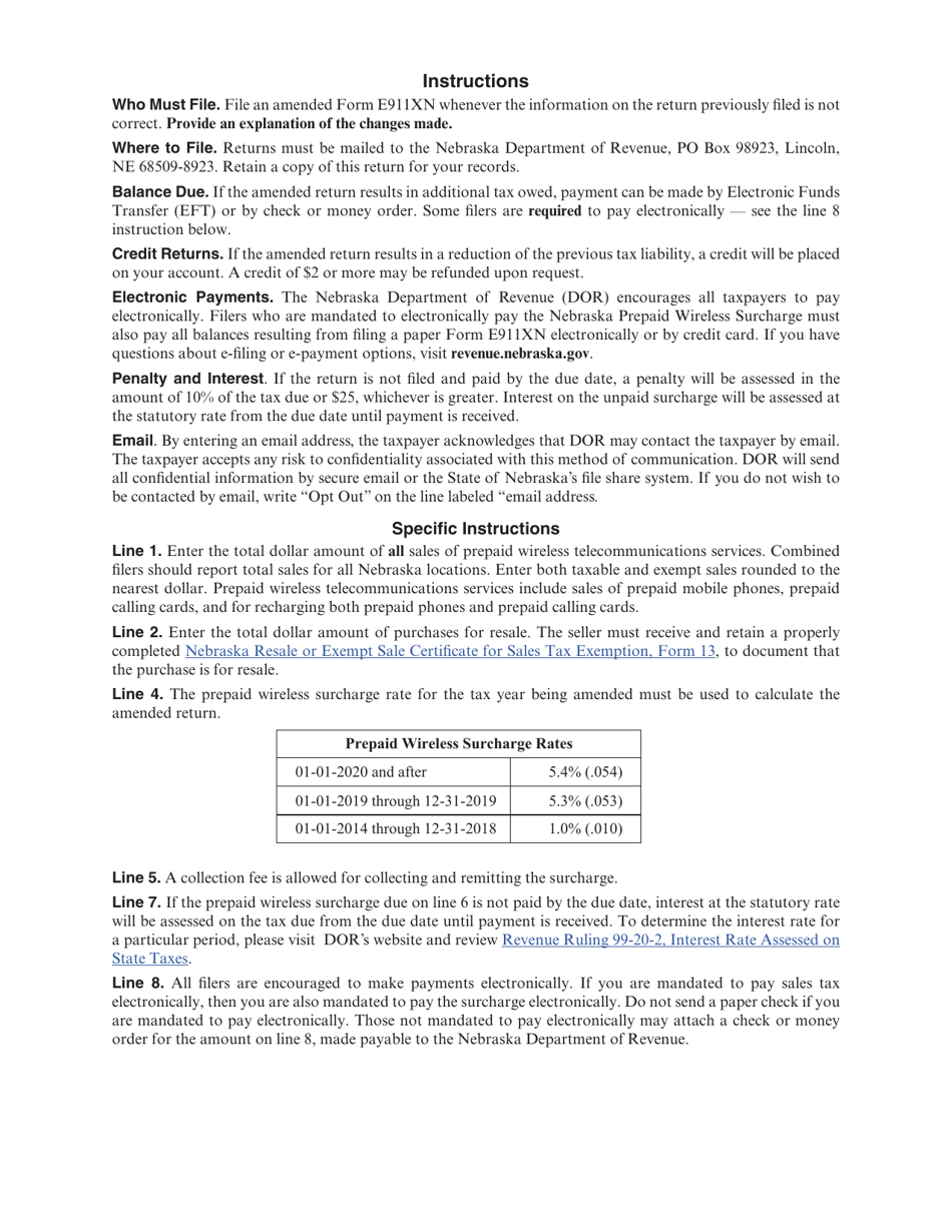 Form E911XN Amended Nebraska Prepaid Wireless Surcharge Return - Nebraska, Page 2