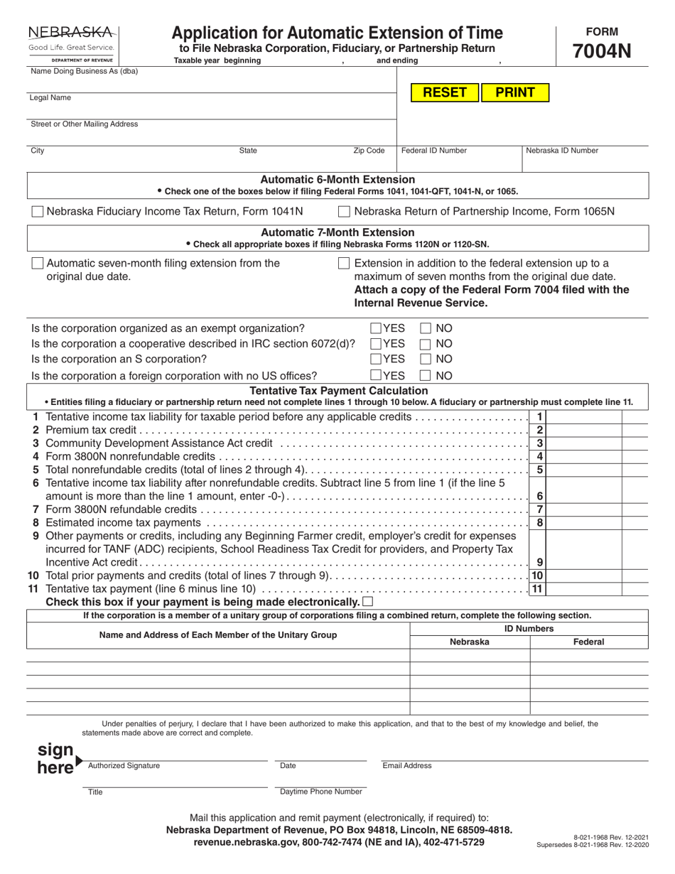 Form 7004N Application for Automatic Extension of Time to File Nebraska Corporation, Fiduciary, or Partnership Return - Nebraska, Page 1