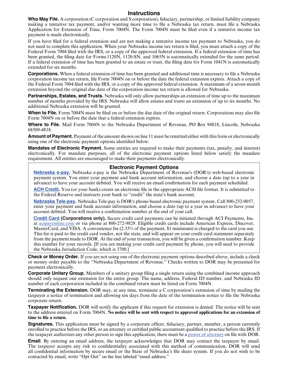 Form 7004N Application for Automatic Extension of Time to File Nebraska Corporation, Fiduciary, or Partnership Return - Nebraska, Page 2