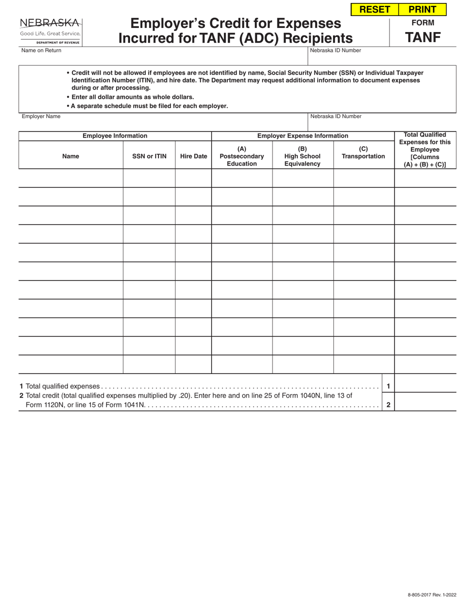Form TANF Employers Credit for Expenses Incurred for TANF (Adc) Recipients - Nebraska, Page 1