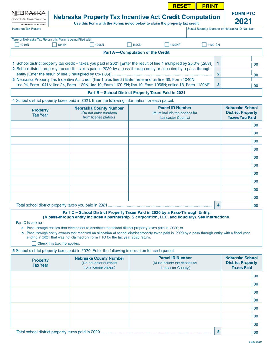 Form PTC Nebraska Property Tax Incentive Act Credit Computation - Nebraska, Page 1