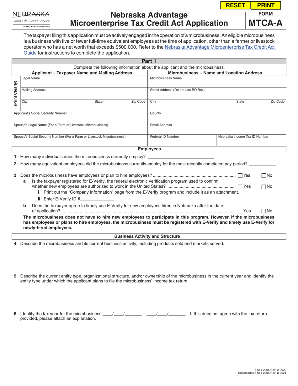 Form MTCA-A Nebraska Advantage Microenterprise Tax Credit Act Application - Nebraska, Page 1