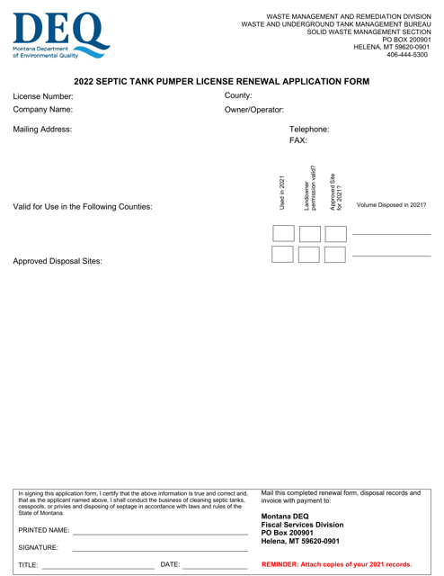 Septic Tank Pumper License Renewal Application Form - Montana, 2022