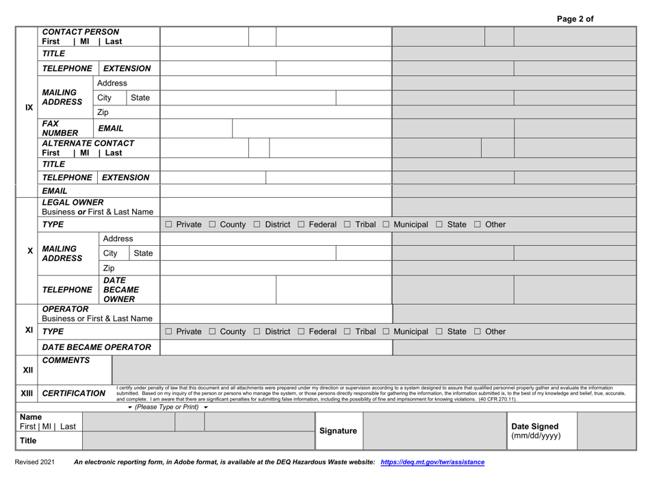 2021 Montana Montana Large Quantity Hazardous Waste (Hw) Generator Biennial Report Fill Out