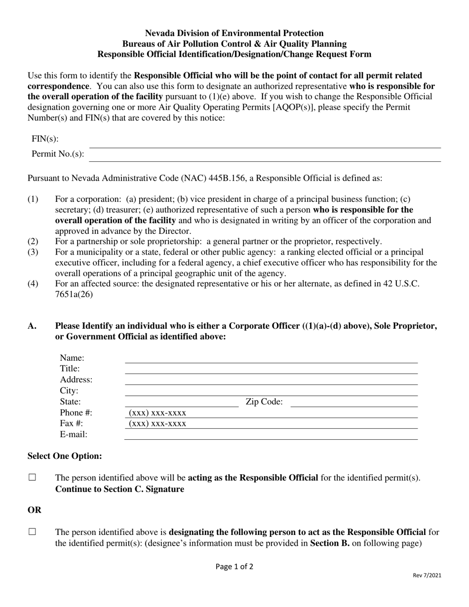 Nevada Responsible Official Identification/Designation/Change Request