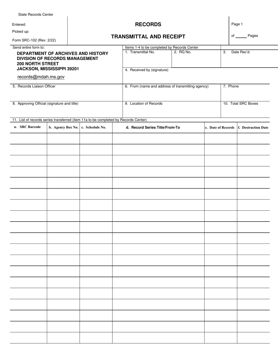 Form SRC-102 Records Transmittal and Receipt - Mississippi, Page 1