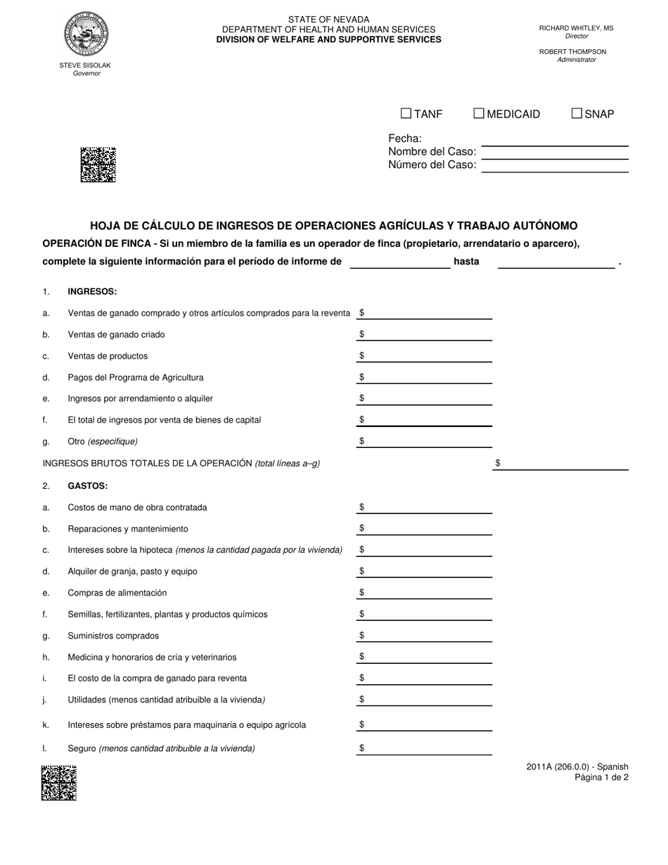 Formulario 2011A-S Hoja De Calculo De Ingresos De Operaciones Agriculas Y Trabajo Autonomo - Nevada (Spanish), Page 1