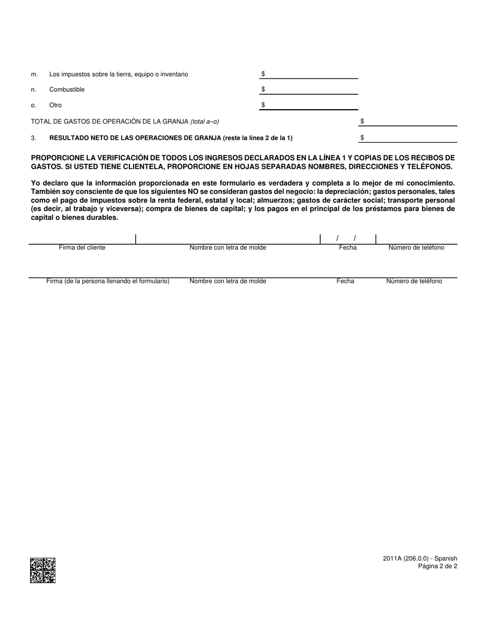 Formulario 2011A-S Hoja De Calculo De Ingresos De Operaciones Agriculas Y Trabajo Autonomo - Nevada (Spanish), Page 2