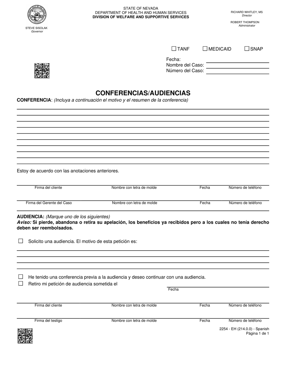 Formulario 2254-EH Conferencias / Audiencias - Nevada (Spanish), Page 1