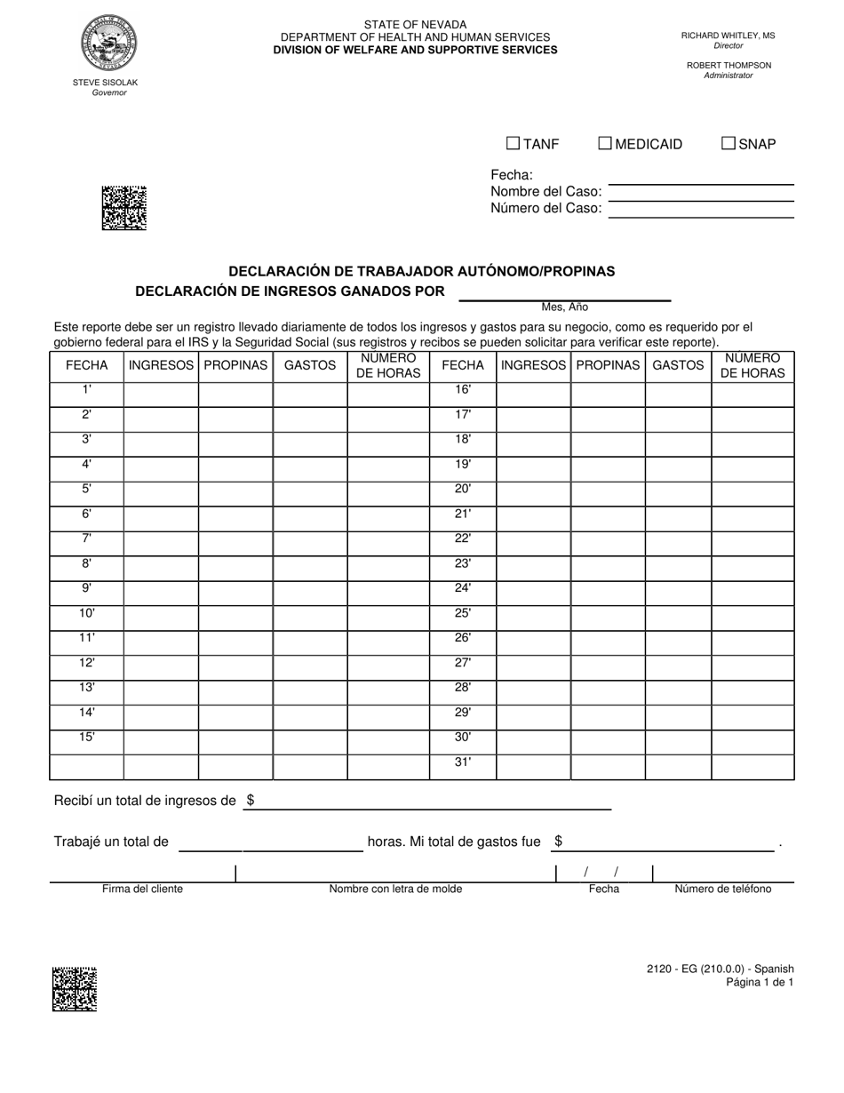 Formulario 2120-EG Declaracion De Trabajador Autonomo / Propinas - Nevada (Spanish), Page 1