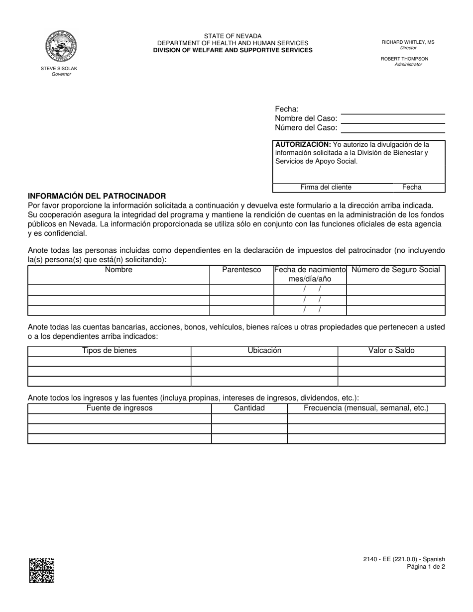 Formulario 2140-EE Informacion Del Patrocinador - Nevada (Spanish), Page 1