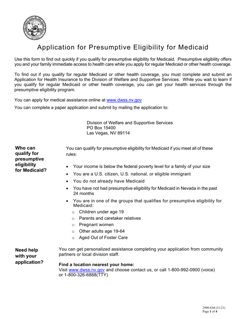 Form 2990-EM Application for Presumptive Eligibility for Medicaid - Nevada