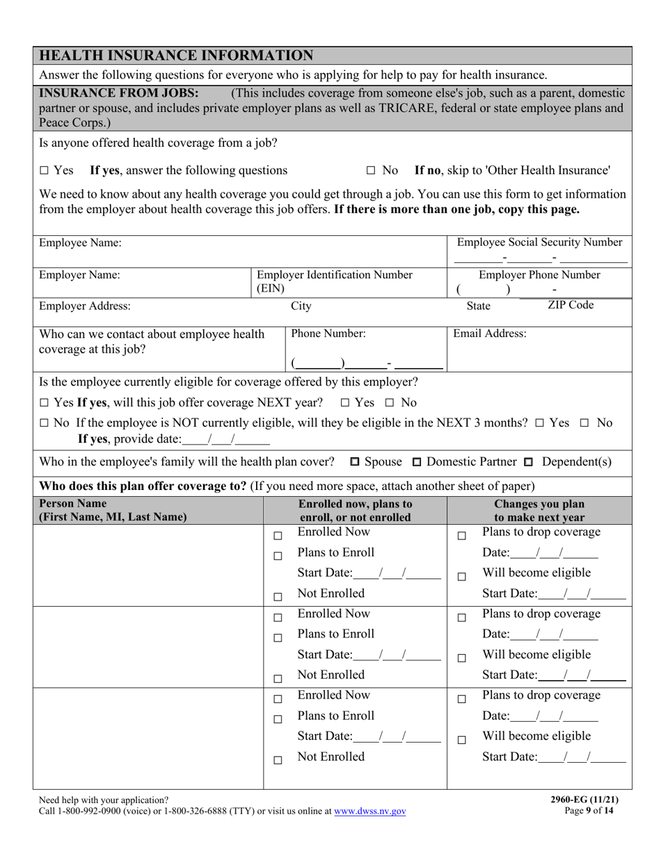 Form 2960-EG Application for Health Insurance - Nevada, Page 9