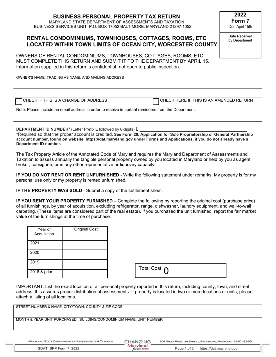Form 7 Business Personal Property Tax Return - Rental Condominiums, Townhouses, Cottages, Rooms, Etc - Maryland, Page 1