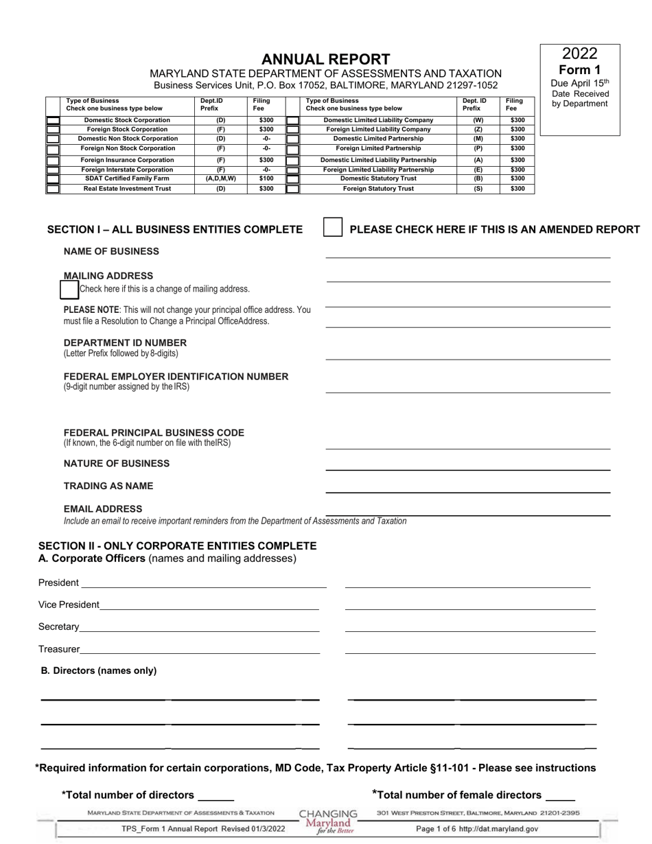 Form 1 Annual Report - Maryland, Page 1