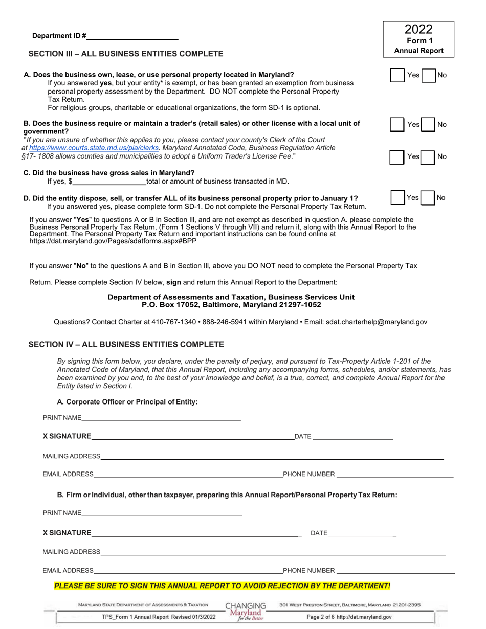 Form 1 Annual Report - Maryland, Page 2