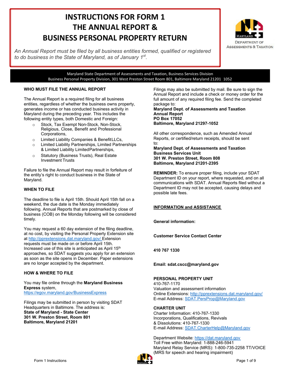 Download Instructions for Form 1 Annual Report & Business Personal Property Return PDF