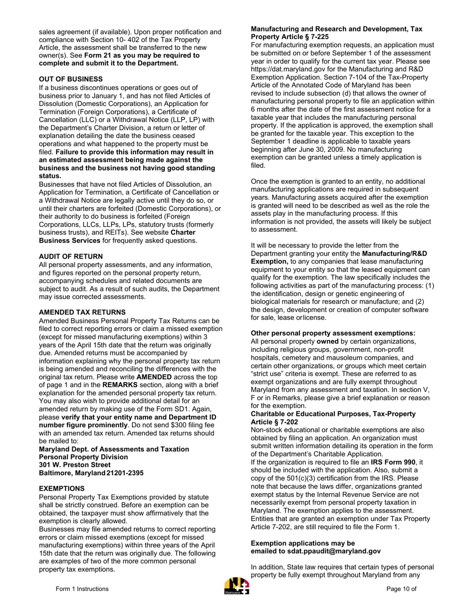 Instructions for Form 1 Annual Report  Business Personal Property Return - Maryland, Page 10