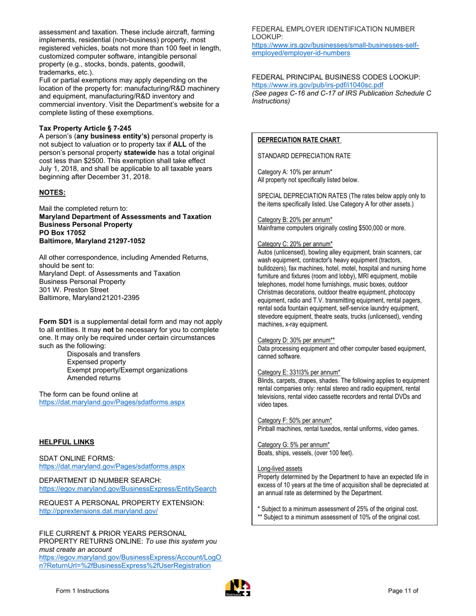 Instructions for Form 1 Annual Report  Business Personal Property Return - Maryland, Page 11