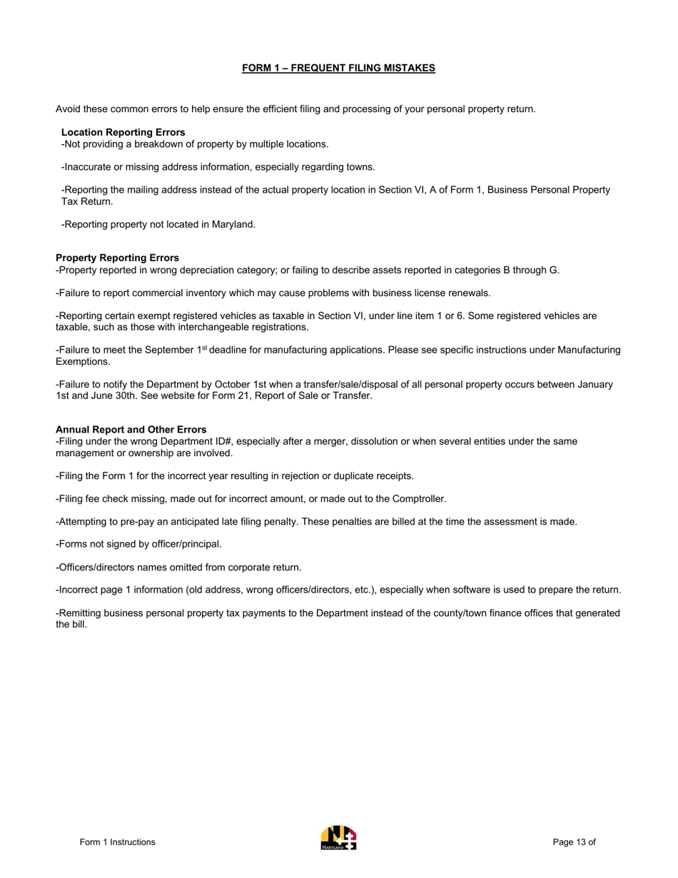 Instructions for Form 1 Annual Report  Business Personal Property Return - Maryland, Page 13