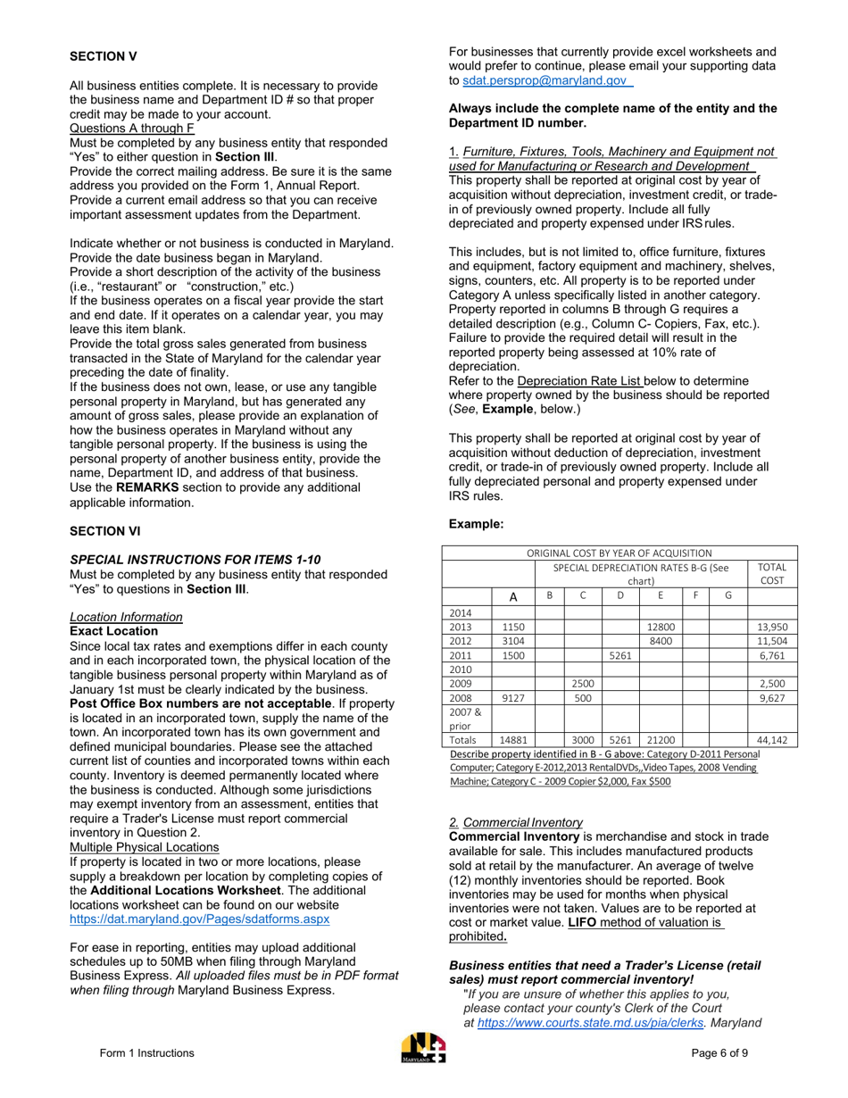 Instructions for Form 1 Annual Report  Business Personal Property Return - Maryland, Page 6