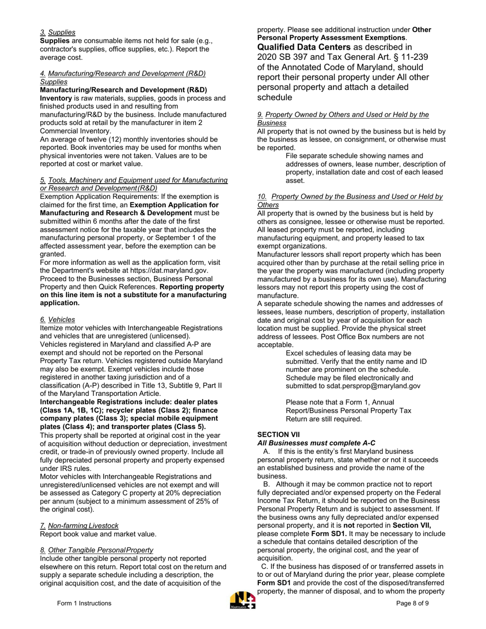 Instructions for Form 1 Annual Report  Business Personal Property Return - Maryland, Page 8