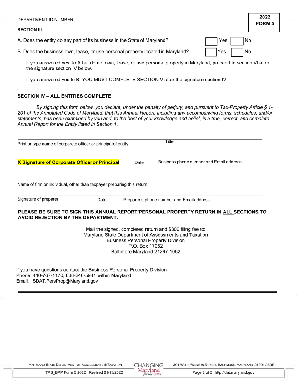 Form 5 Annual Report and Personal Property Return - Banks, Savings Banks, Savings  Loans and Trust Companies - Maryland, Page 2